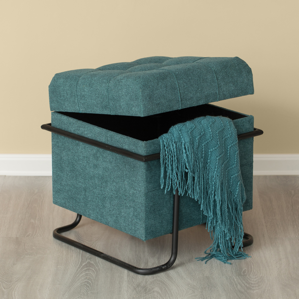 Square Fabric Storage Ottoman With Black Metal Frame - Blue