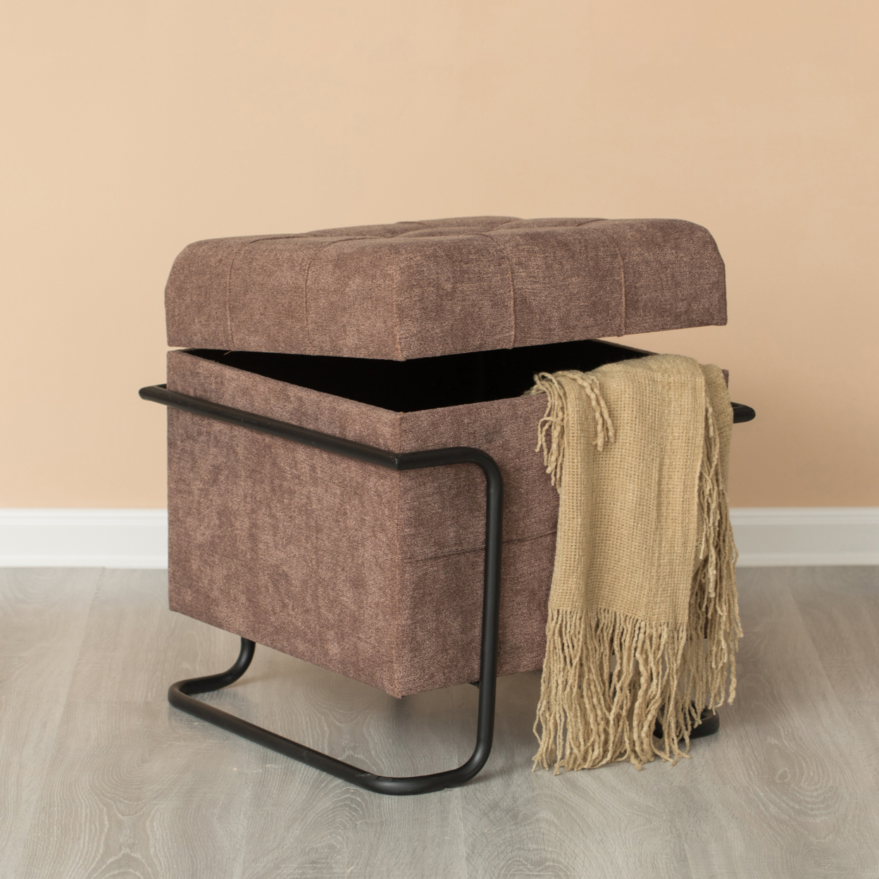 Square Fabric Storage Ottoman With Black Metal Frame - Brown