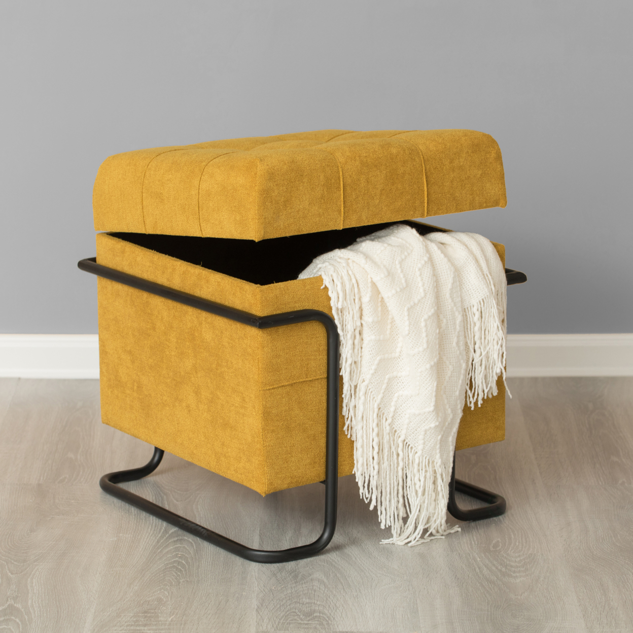 Square Fabric Storage Ottoman With Black Metal Frame - Yellow