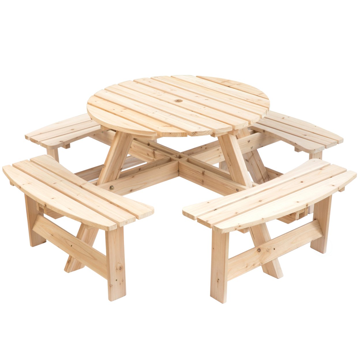 Wooden Outdoor Patio Garden Round Picnic Table With Bench, 8 Person - Stained