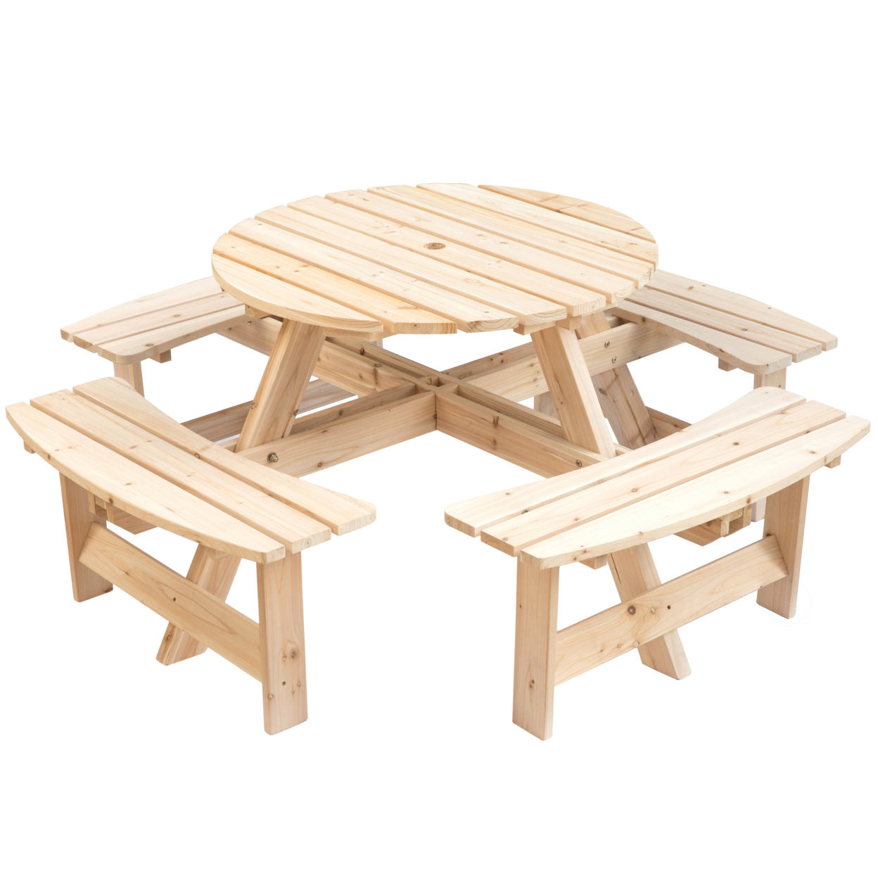 Wooden Outdoor Patio Garden Round Picnic Table With Bench, 8 Person - Natural