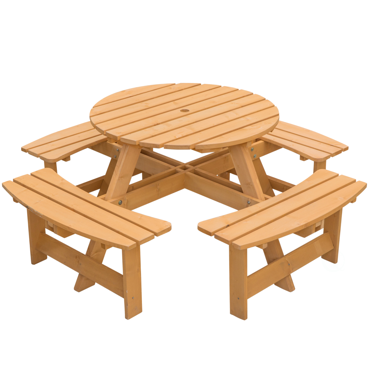 Wooden Outdoor Patio Garden Round Picnic Table With Bench, 8 Person - Natural