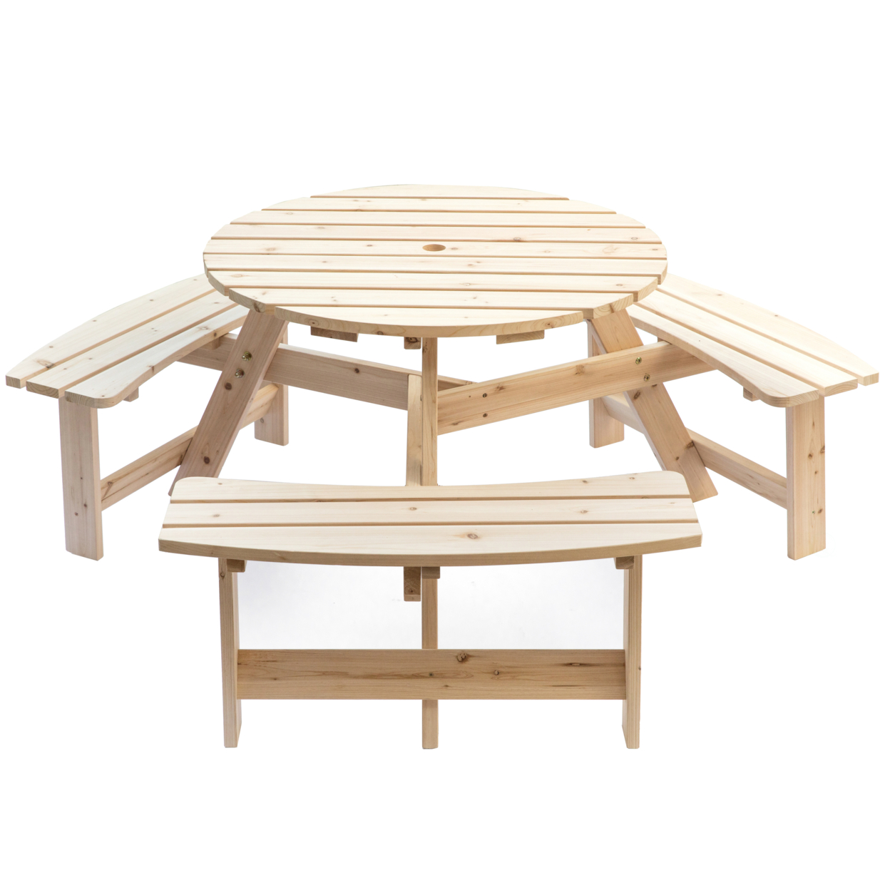Wooden Outdoor Round Picnic Table With Bench For Patio, 6- Person With Umbrella Hole - Natural