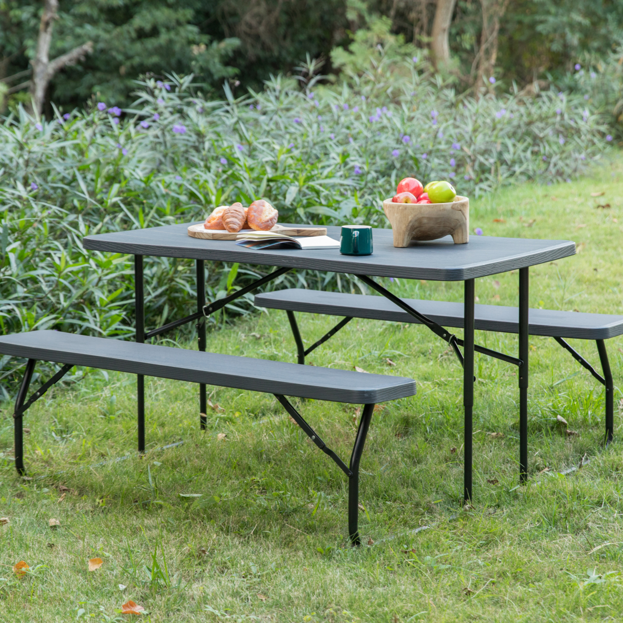 Gray Outdoor Foldable Woodgrain Portable Picnic Table Set