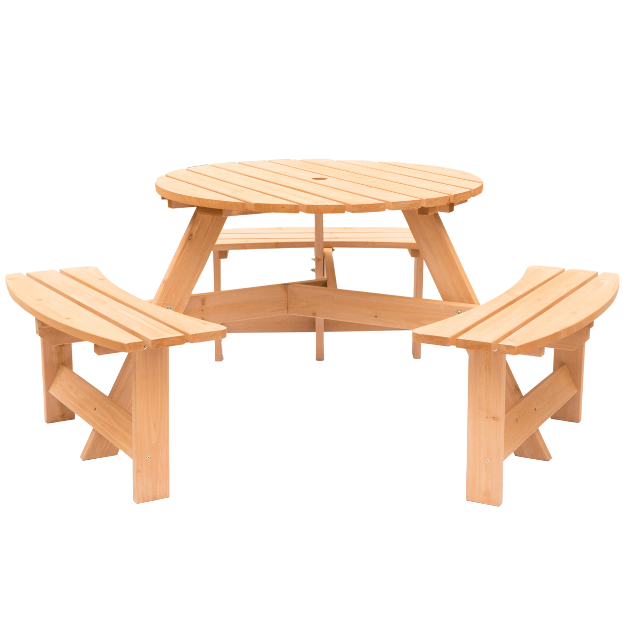 Wooden Outdoor Round Picnic Table With Bench For Patio, 6- Person With Umbrella Hole - Natural