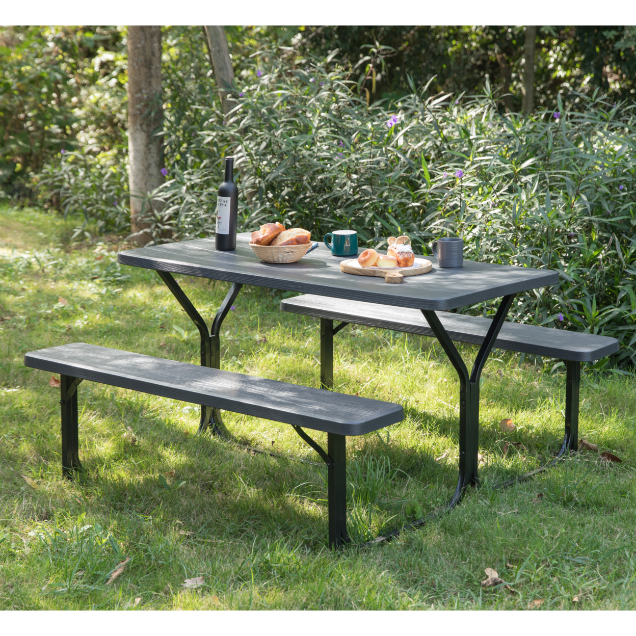 Outdoor Woodgrain Picnic Table Set With Metal Frame, Gray