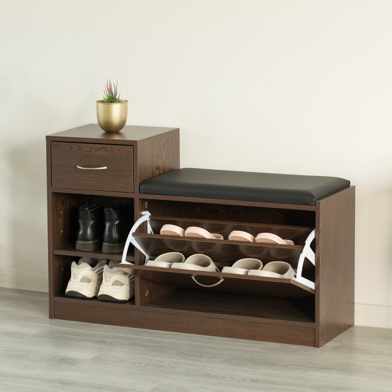 Wooden Entryway Shoe Storage Bench With Cushion - Oak