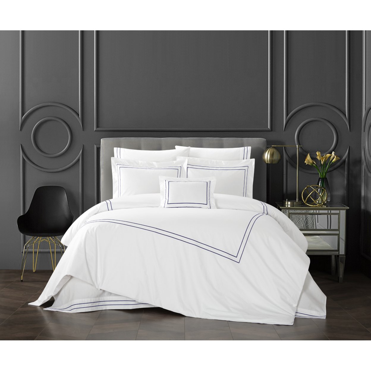Ilani 4 Piece Cotton Comforter Set Solid White With Dual Stripe Embroidered Border Hotel Collection Bedding - navy, queen - queen navy blue