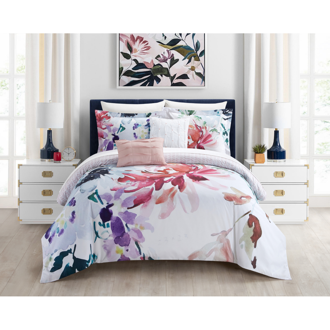 Victoria 5 Piece Reversible Comforter Set Floral Watercolor Design Bedding - Victoria Purple, Queen