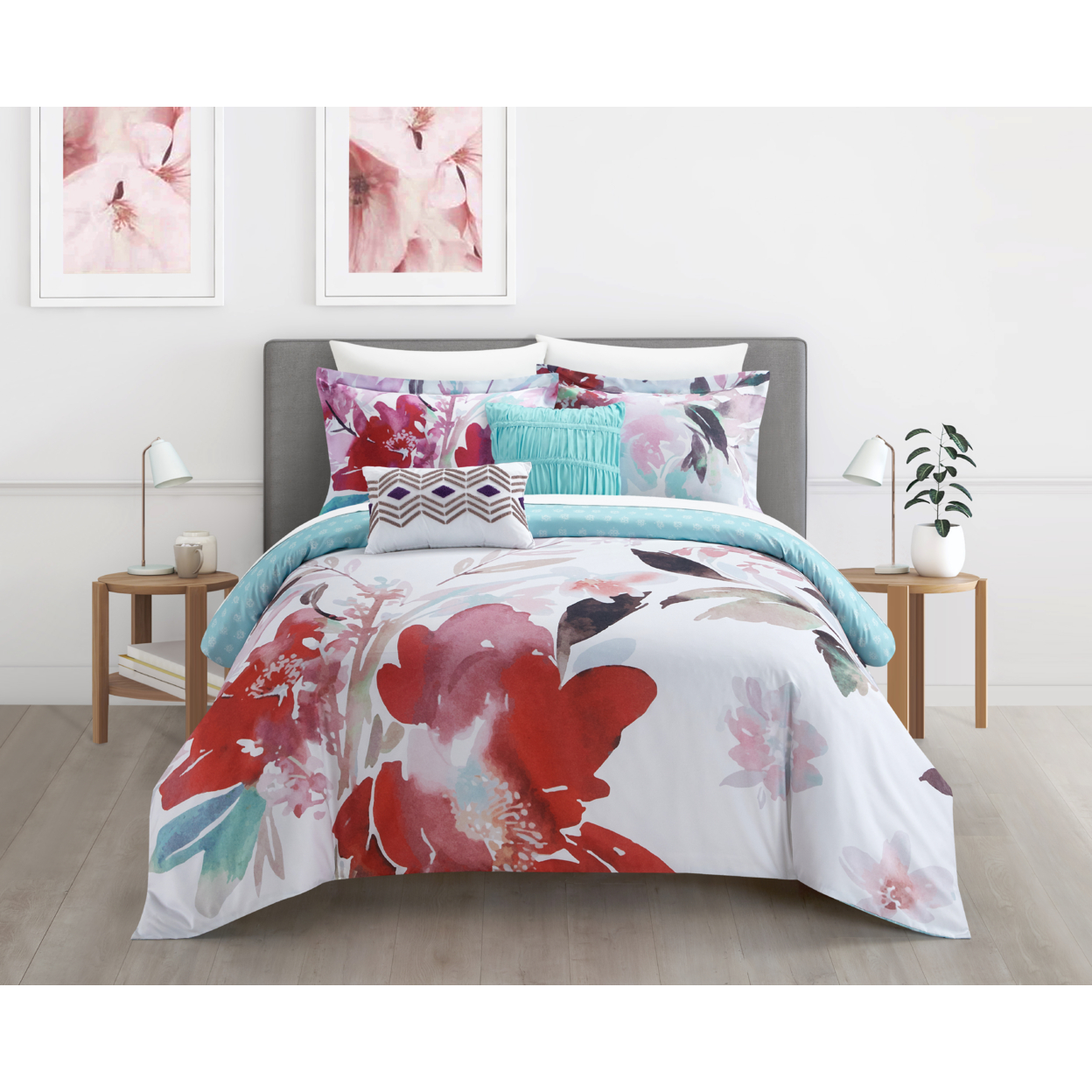 Victoria 5 Piece Reversible Comforter Set Floral Watercolor Design Bedding - Waldo Red, King