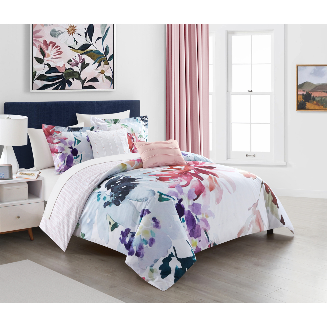 Victoria 5 Piece Reversible Comforter Set Floral Watercolor Design Bedding - Waldo Red, Twin