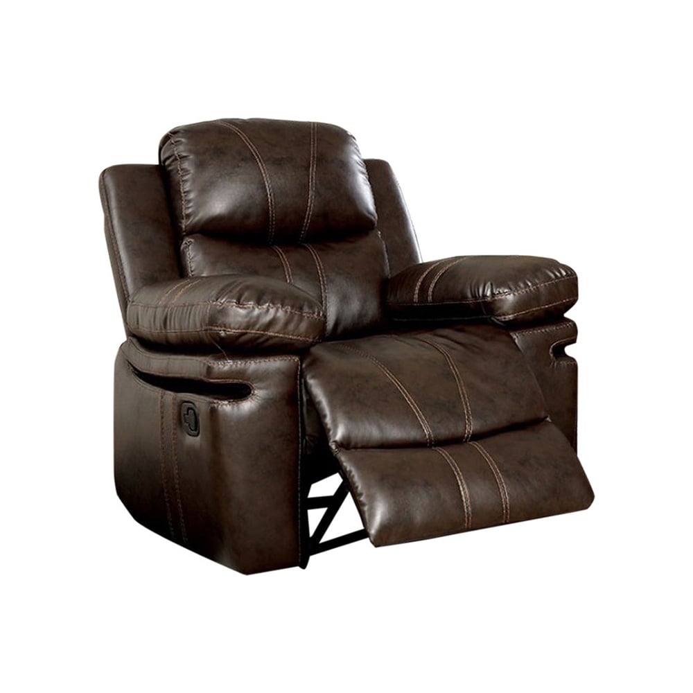 41 Inch Manual Recliner Chair, Brown Bonded Leather, Contrast Stitching- Saltoro Sherpi