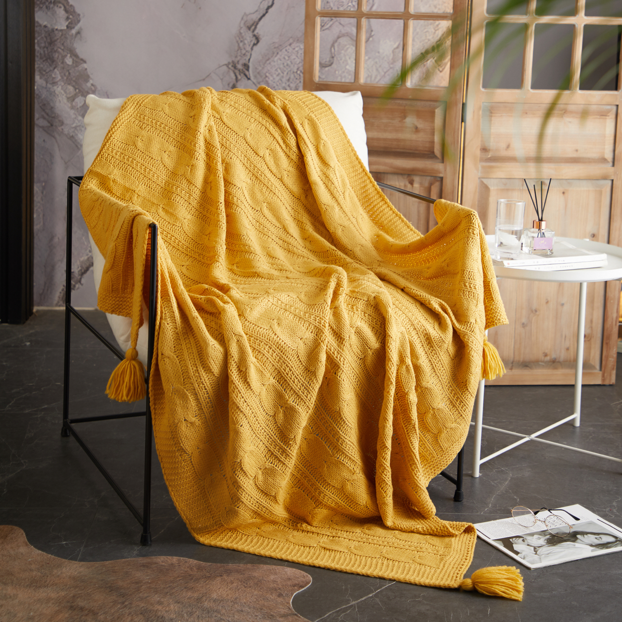 NY&C Home Dorja Knitted Throw Blanket Plush Super Soft Textured Pattern - Mustard