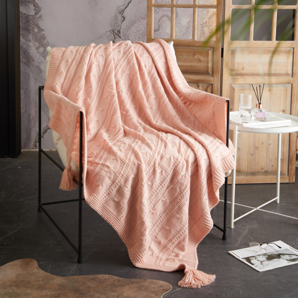 NY&C Home Dorja Knitted Throw Blanket Plush Super Soft Textured Pattern - Blush