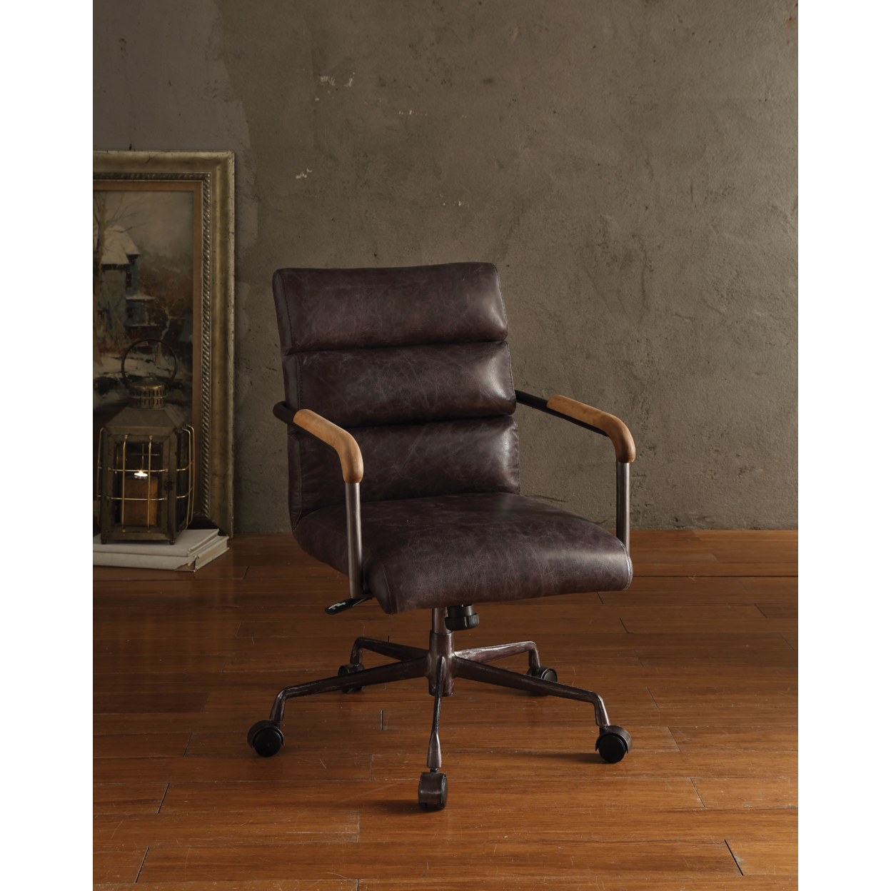 Metal & Leather Executive Office Chair, Antique Brown- Saltoro Sherpi