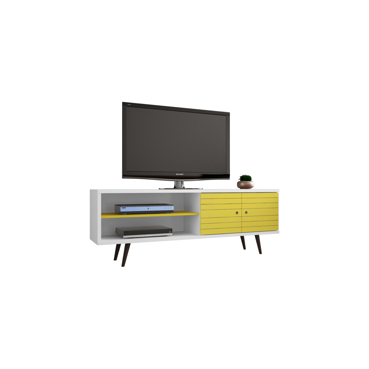62.99" Mid Century - Modern TV Stand with 3 Shelves & 2 Doors with Solid Wood Legs, White and Yellow