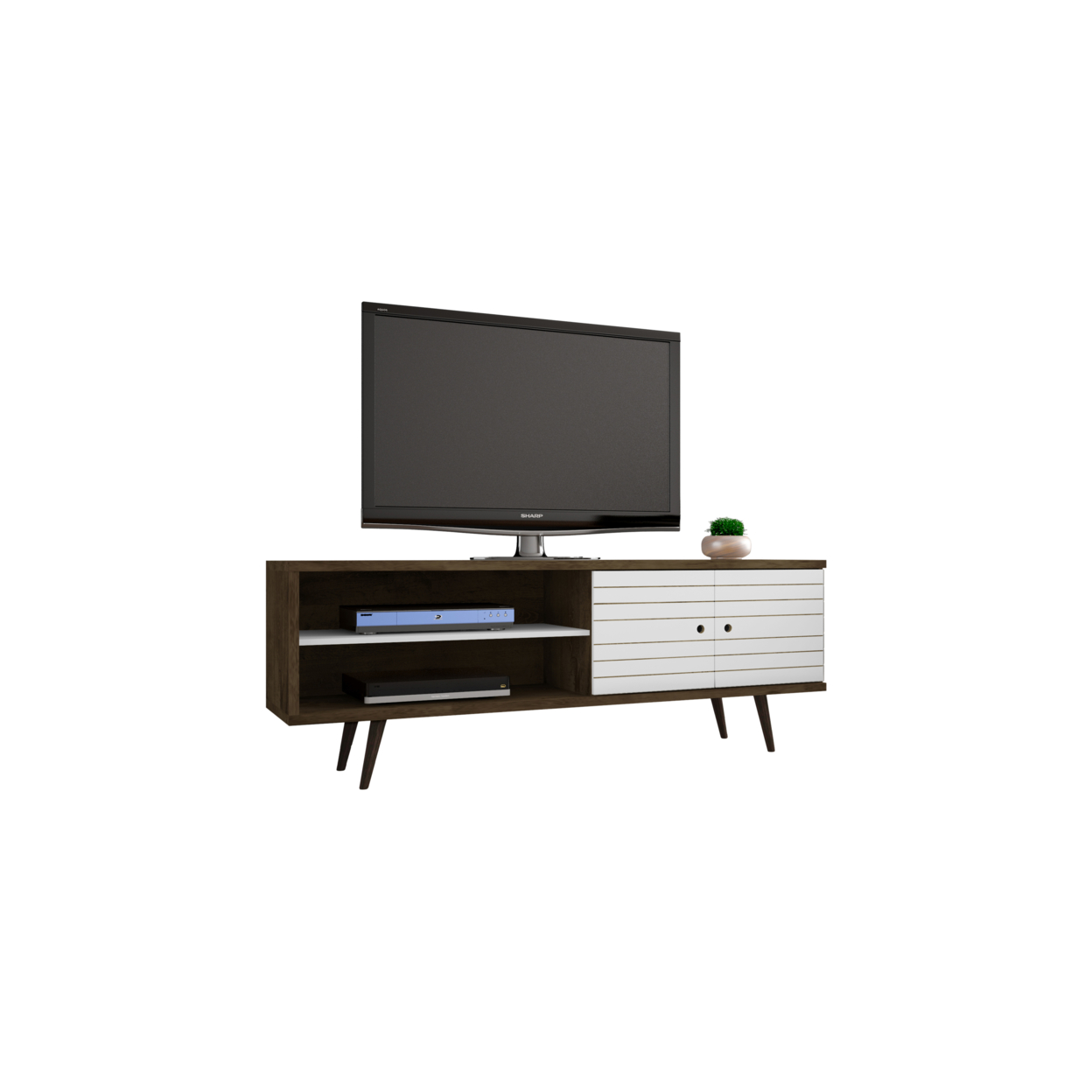 62.99" Mid Century - Modern TV Stand with 3 Shelves & 2 Doors with Solid Wood Legs, Rustic Brown, White
