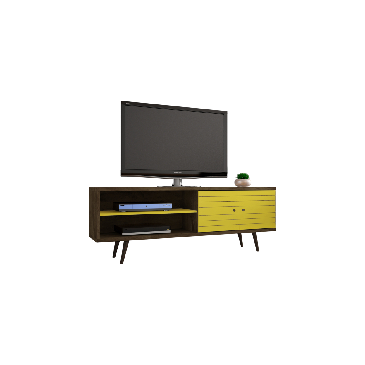 62.99" Mid Century - Modern TV Stand with 3 Shelves & 2 Doors with Solid Wood Legs, Brown, Yellow
