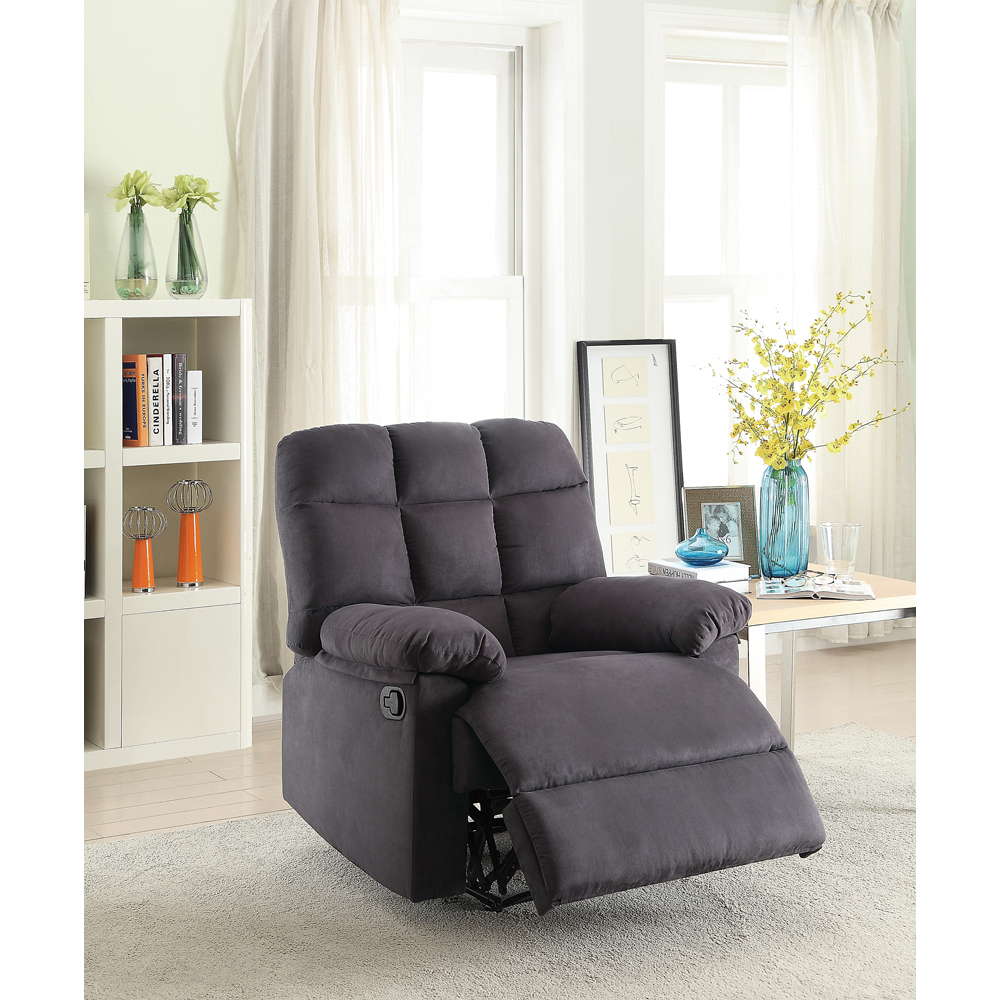 Plush Cushioned Recliner With Tufted Back And Roll Arms In Gray- Saltoro Sherpi