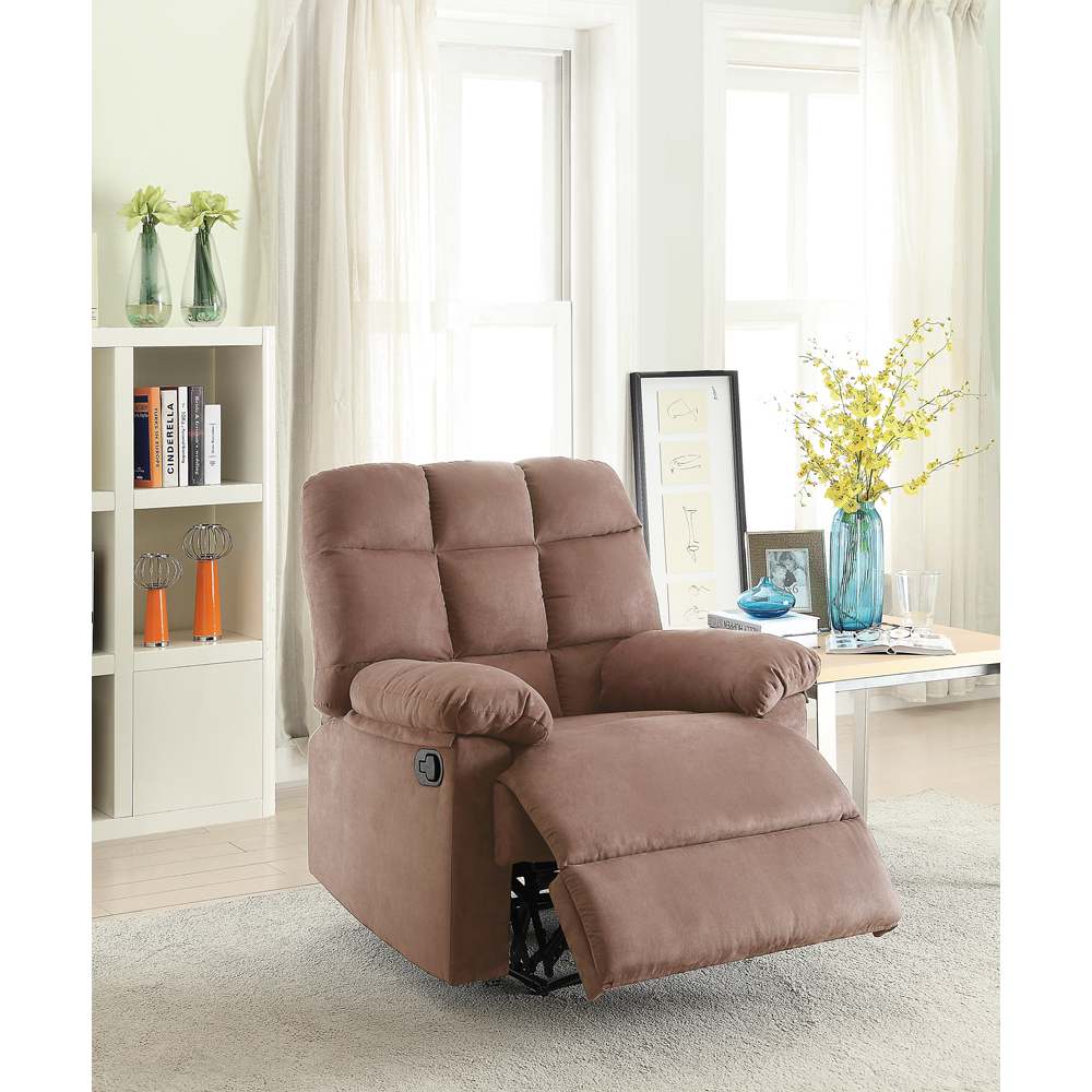 Plush Cushioned Recliner With Tufted Back And Roll Arms In Saddle Brown- Saltoro Sherpi