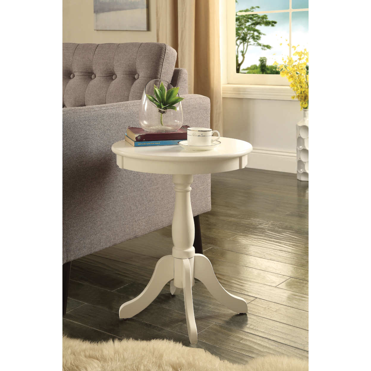 22 Inch Side End Table, Round Top, Pedestal Stand With Flared Legs, Off White