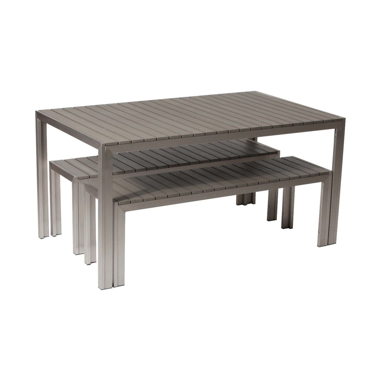 Effortlessely Uncomplicated Anodized Aluminum Table And Bench Set In Gray (Set Of 3)- Saltoro Sherpi