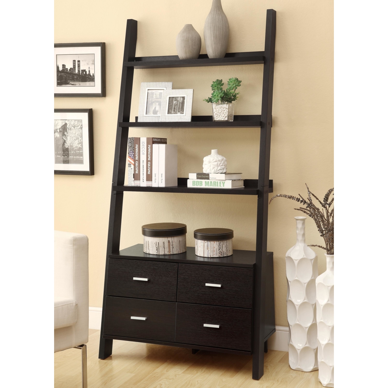 Quirky Ladder Bookcase With 4 Storage Drawers And Open Shelves, Cappuccino- Saltoro Sherpi