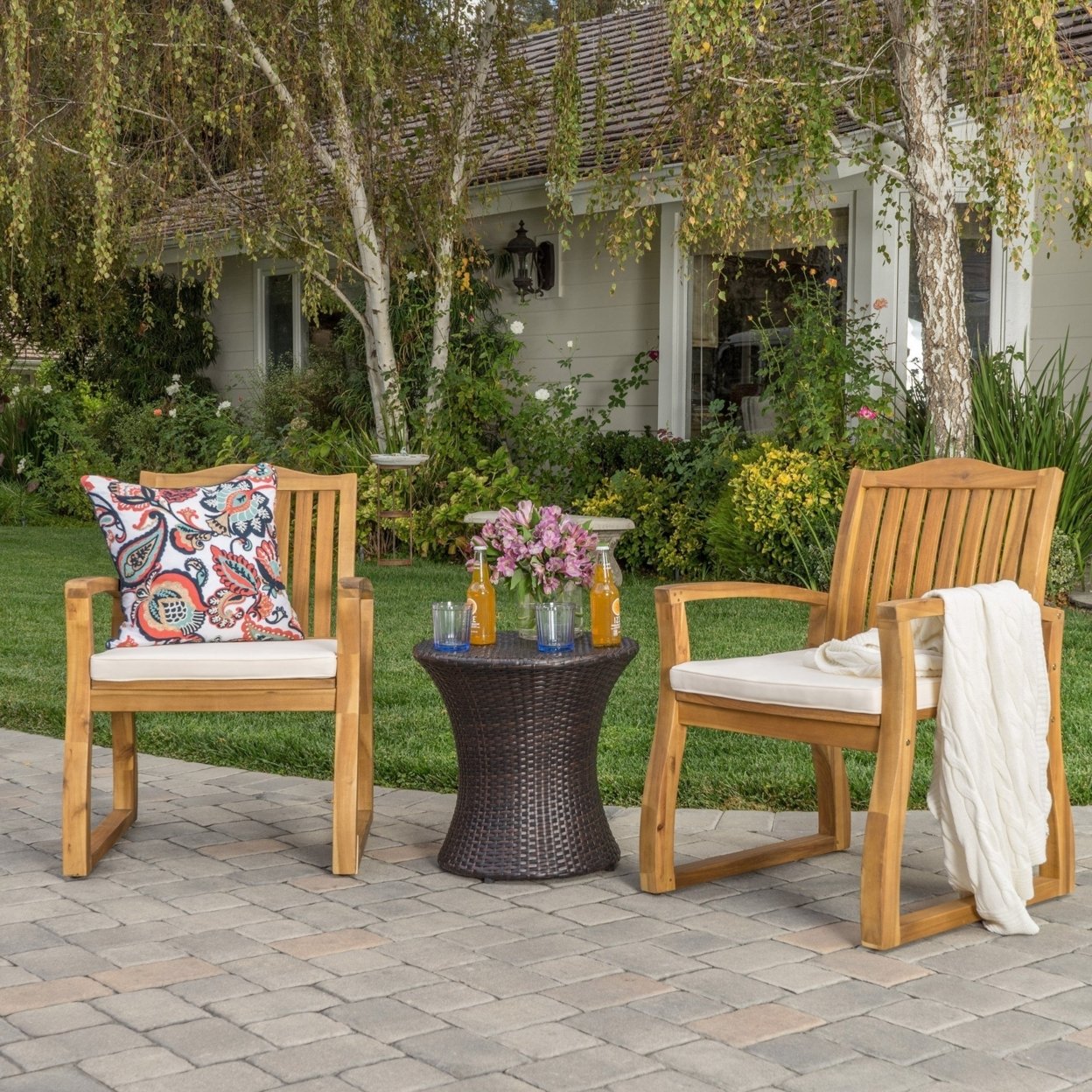 Malibu Outdoor Acacia Wood 3 Piece Chat Set With Wicker Table - Round Table, Default