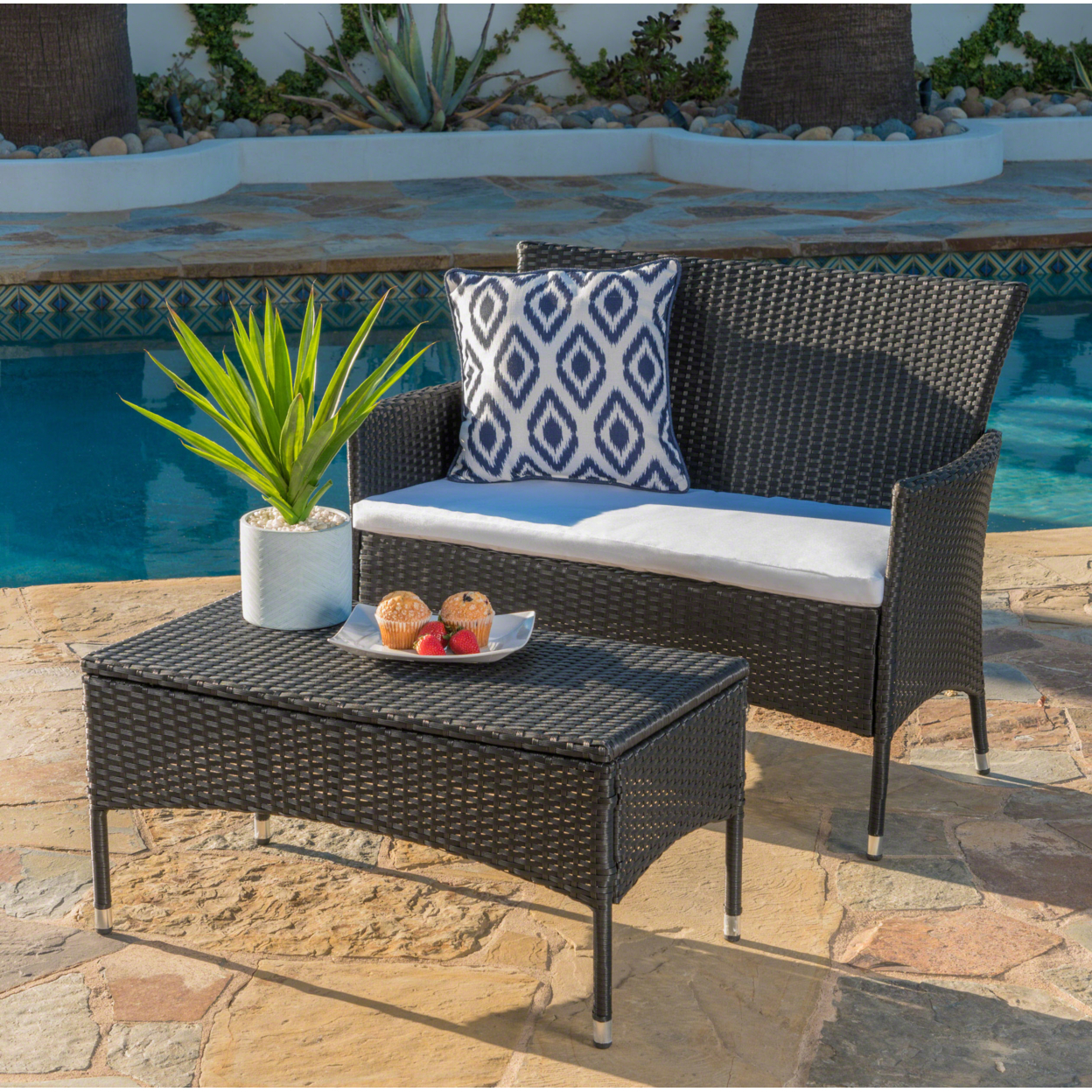 Montague Outdoor Wicker Loveseat And Coffee Table Set - Black / White