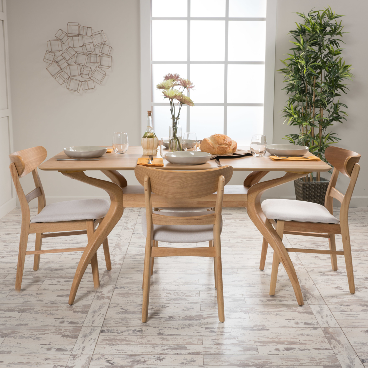 Isador Mid-Century Modern 5 Piece Dining Set With Curved Leg Rectangular Table - Light Beige