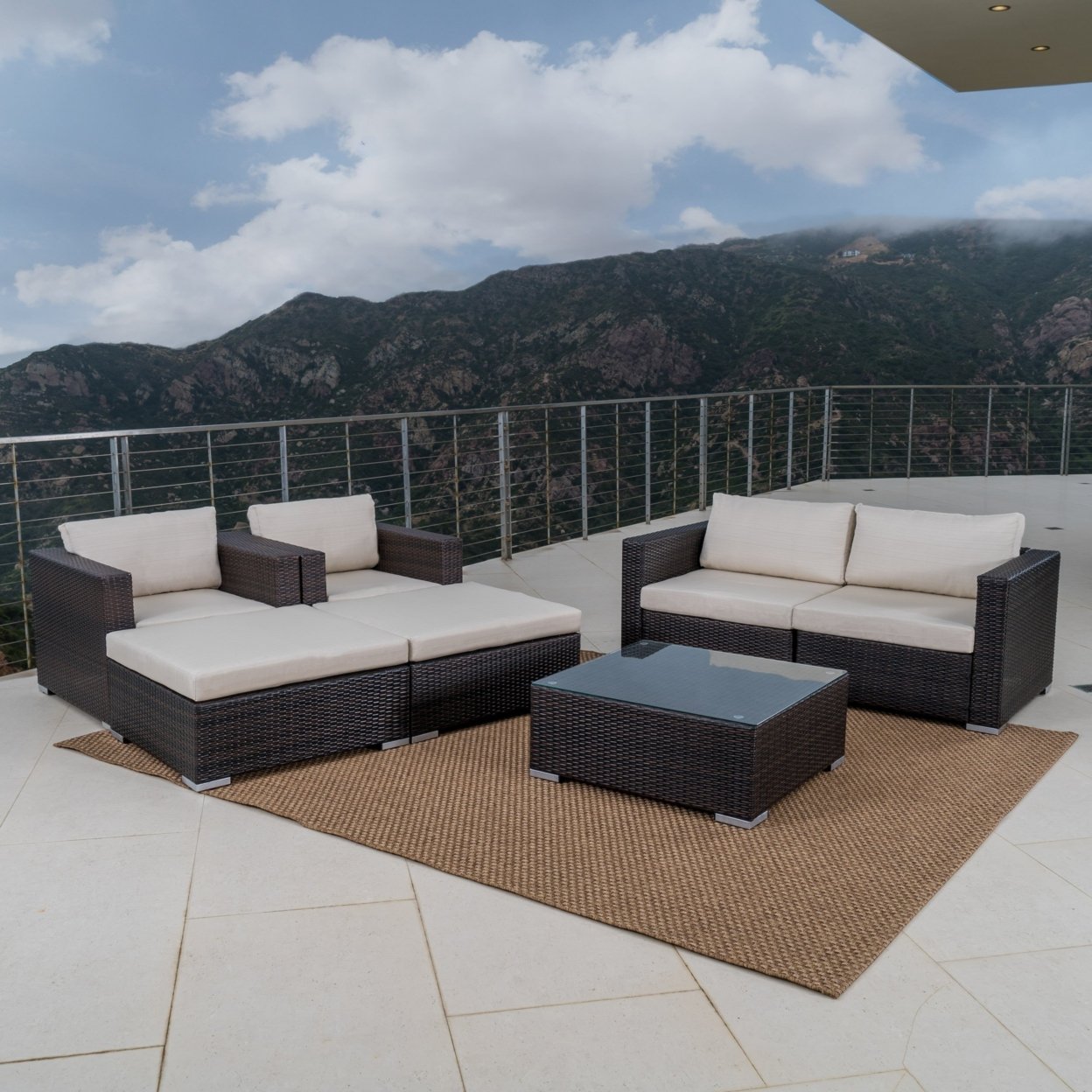 Francisco Outdoor Wicker Sectional With Cushions - Multibrown/Beige, 7 Piece Set