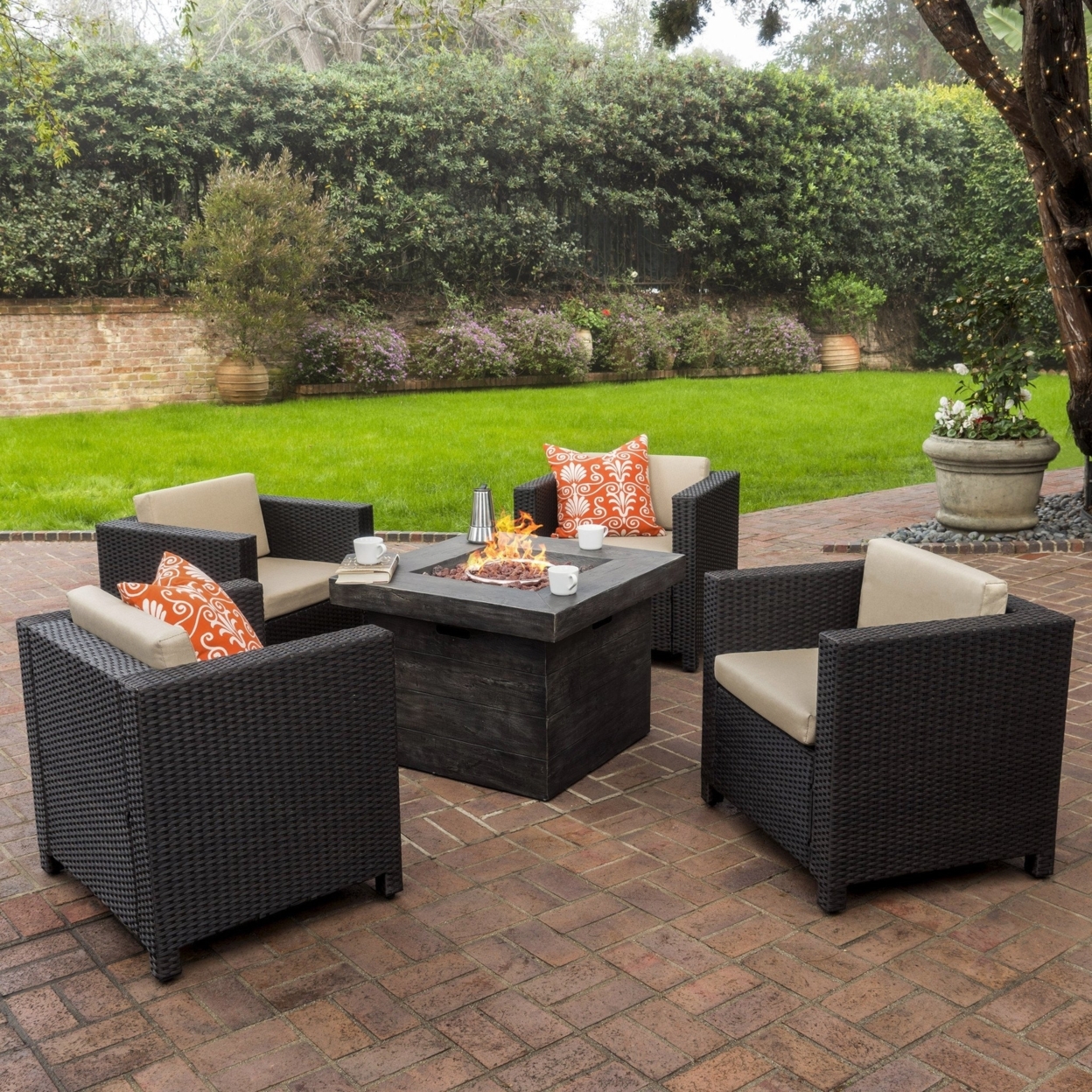 Feronia Outdoor 5 Pc Wicker Club Chair Set With Firepit
