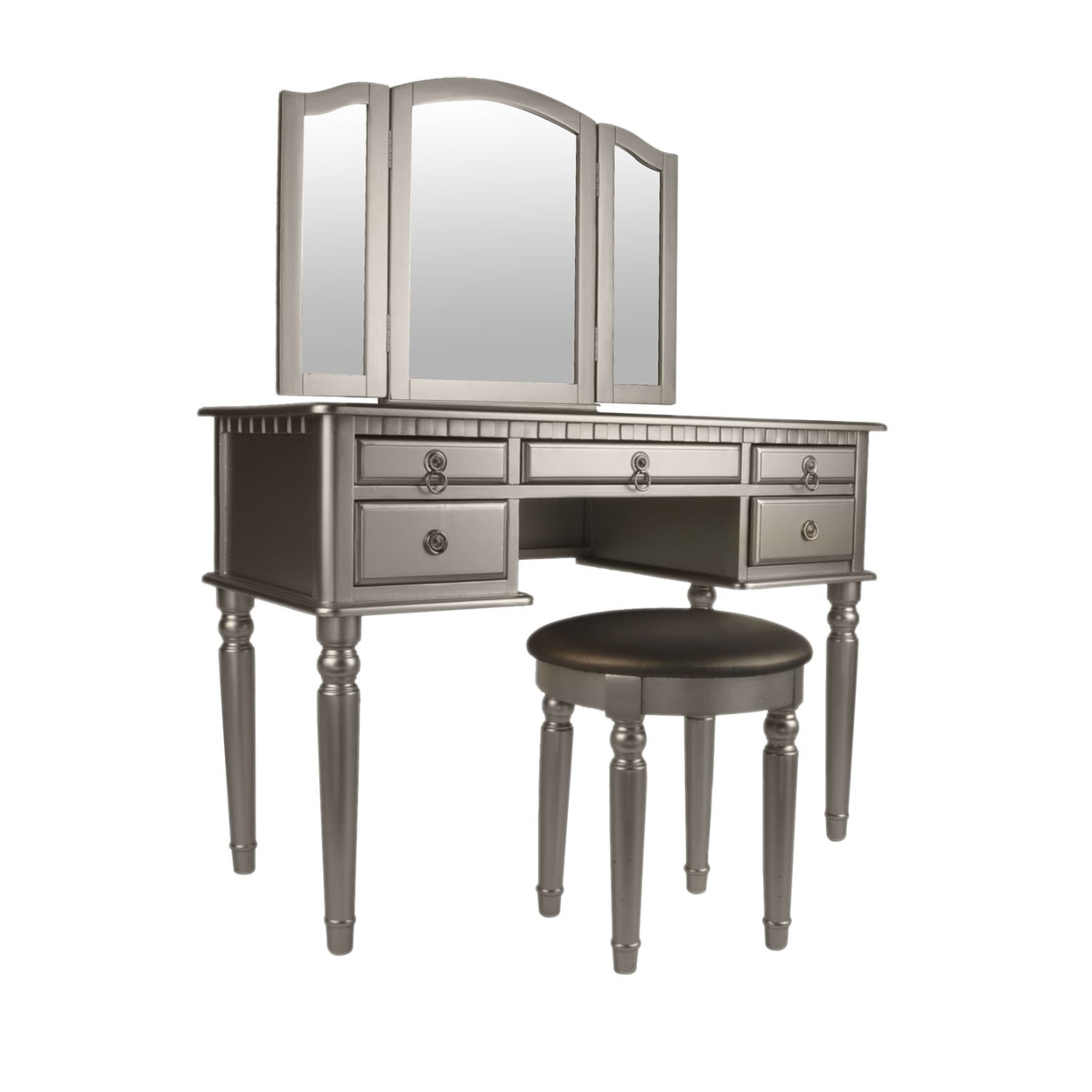 Commodious Vanity Set Featuring Stool And Mirror Silver- Saltoro Sherpi