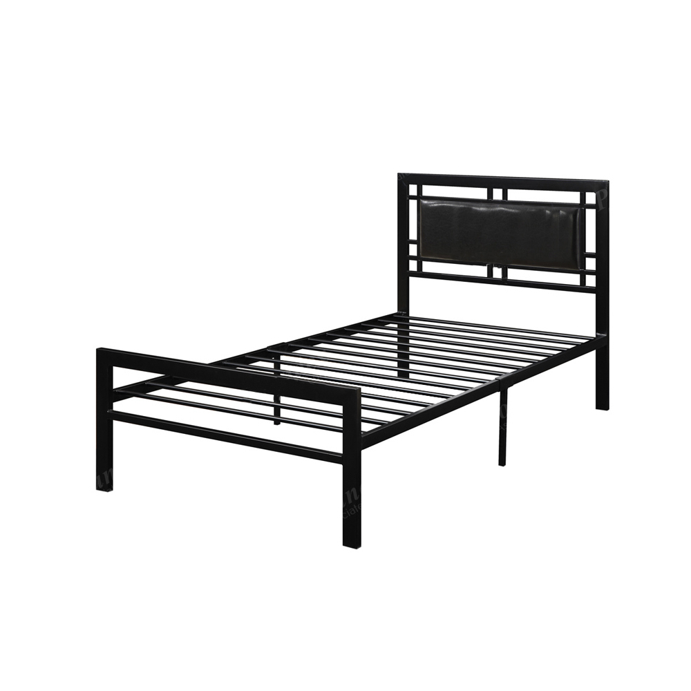 Metal Frame Twin Bed With Leather Upholstered Headboard Black- Saltoro Sherpi