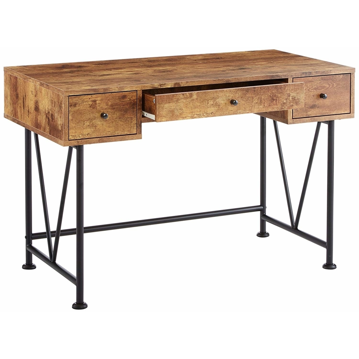 48 Inch Chic Wood Writing Desk 3 Drawer, Rustic, Metal Base, Antique Brown- Saltoro Sherpi