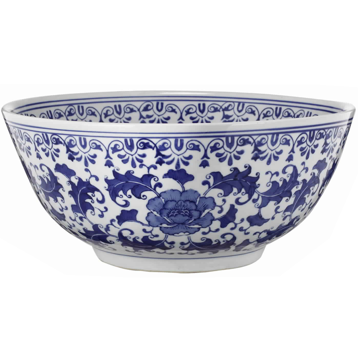 Round Ceramic Bowl With Floral Print, Set Of 2, Blue And White,- Saltoro Sherpi