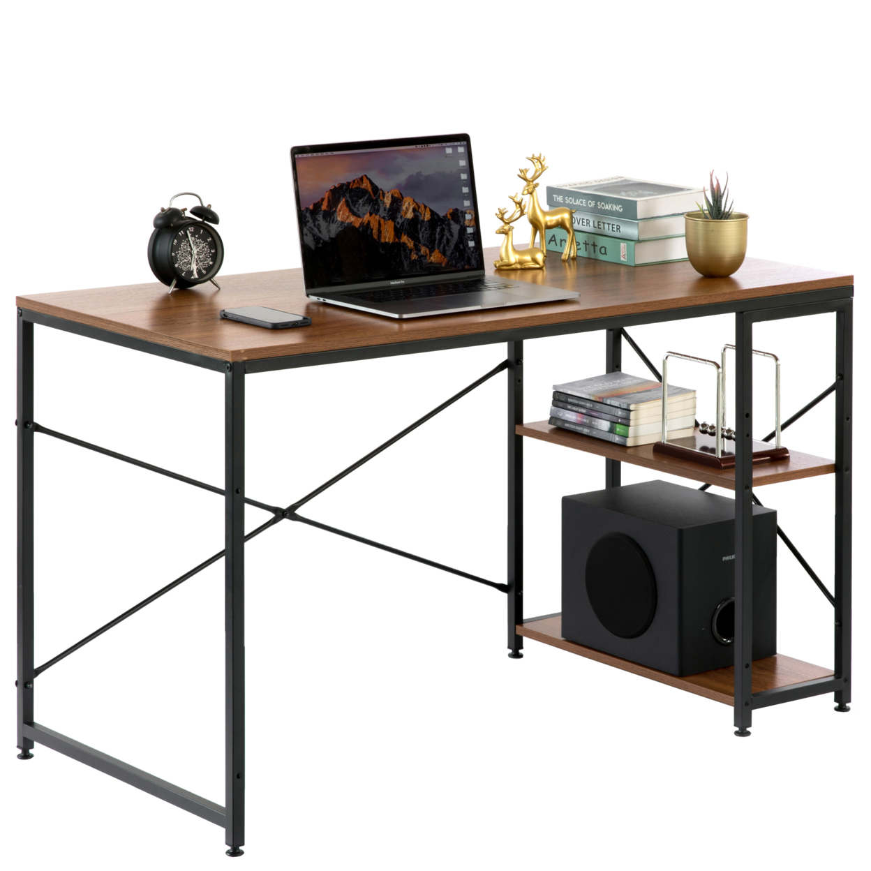 Industrial Rectangular Wood And Metal Home Office Computer Desk With 2 Side Shelves - Natural