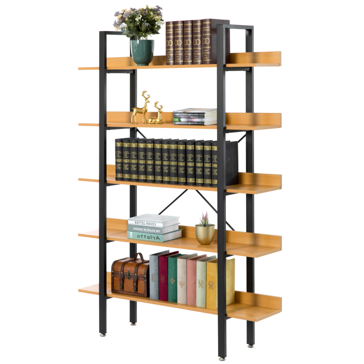 Industrial Wood And Metal Etagere Rustic Bookcase Free Standing Bookshelf - Medium
