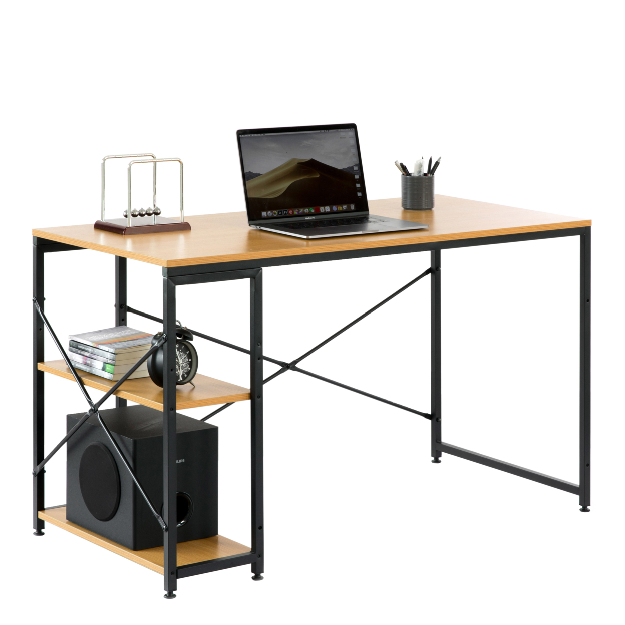 Industrial Rectangular Wood and Metal Home Office Computer Desk with 2 Side Shelves - natural