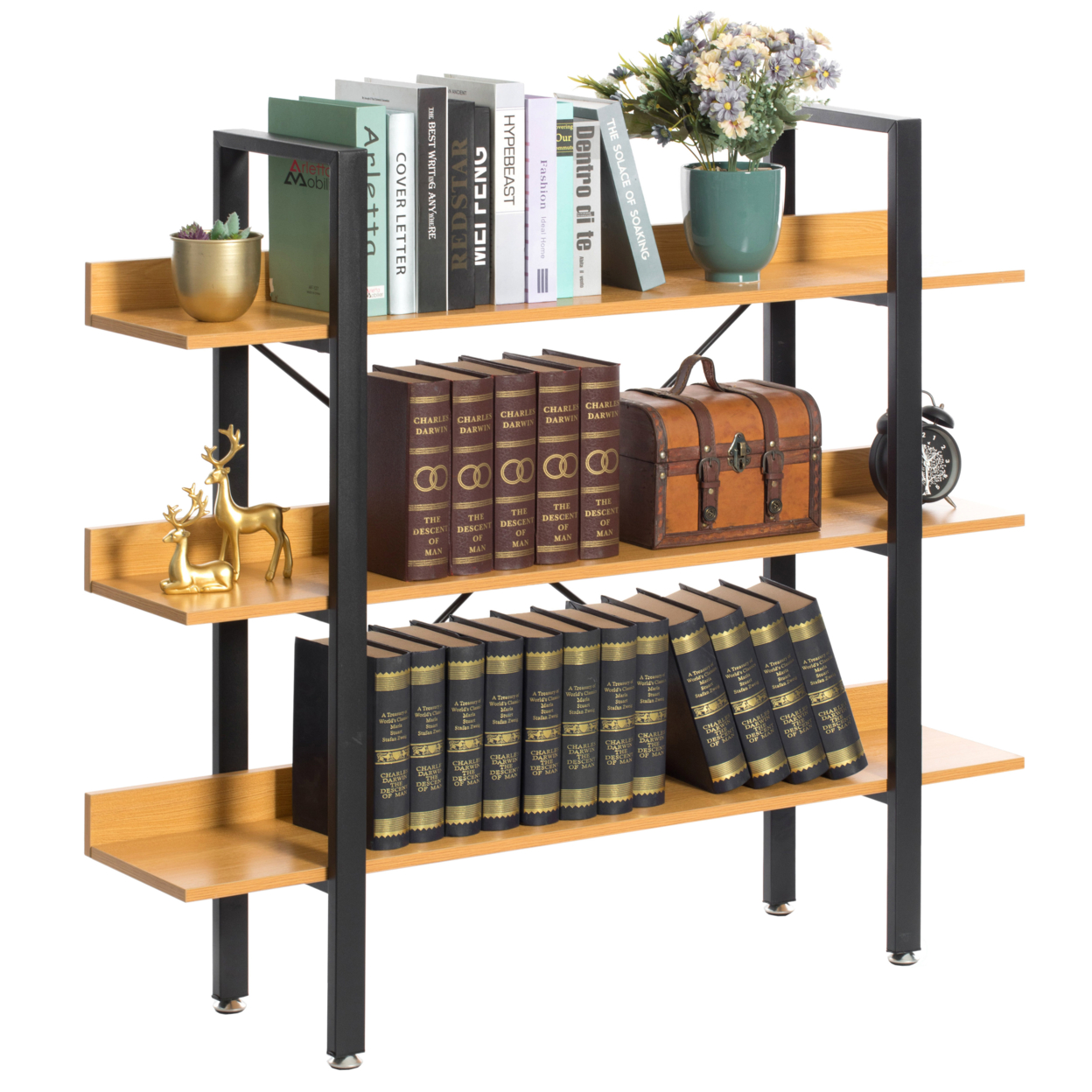 Industrial Wood and Metal Etagere Rustic Bookcase Free Standing Bookshelf - medium