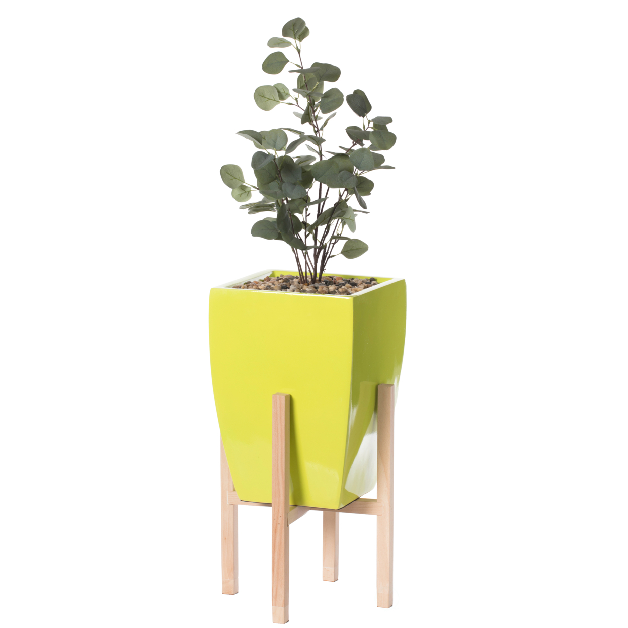 Indoor Decorative Square Planter With Wooden Stand - White