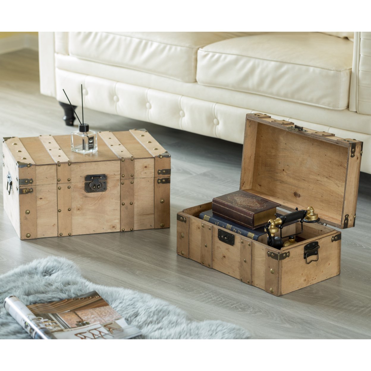 Natural Wooden Style Trunk With Handles - Set Of 2