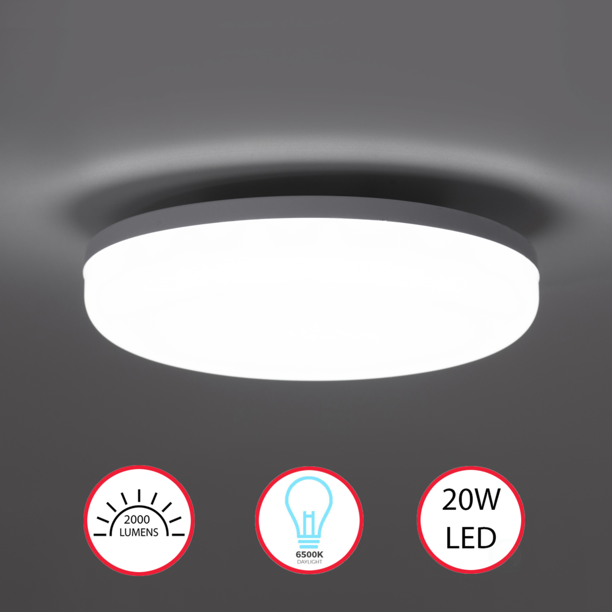 White Plastic 6 In Round LED Ceiling Light Fixture For Entryway, Office, Outdoor, 6500K Daylight, 2000lm 20W
