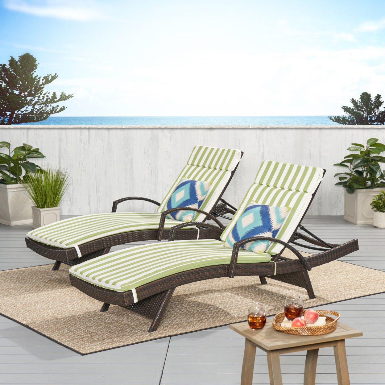 Lakeport Outdoor Wicker Lounge With Water Resistant Cushion (Set Of 2) - Green/White Cushion