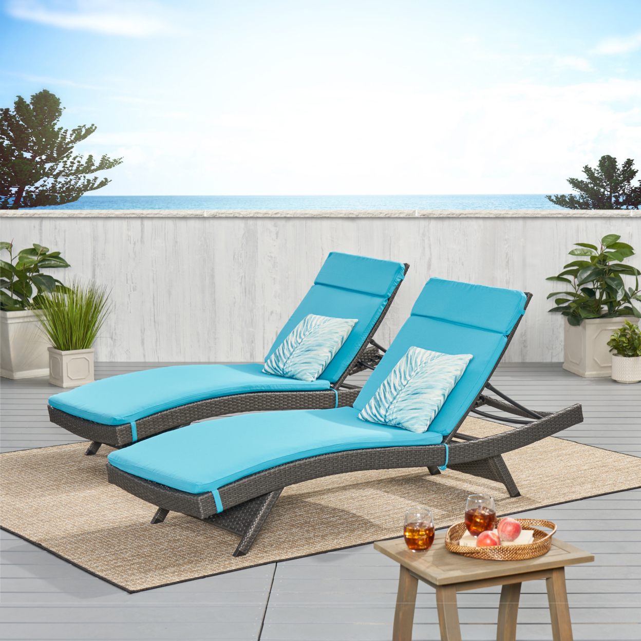Nassau Outdoor Grey Wicker Adjustable Chaise Lounge With Blue Cushion (Set Of 2)