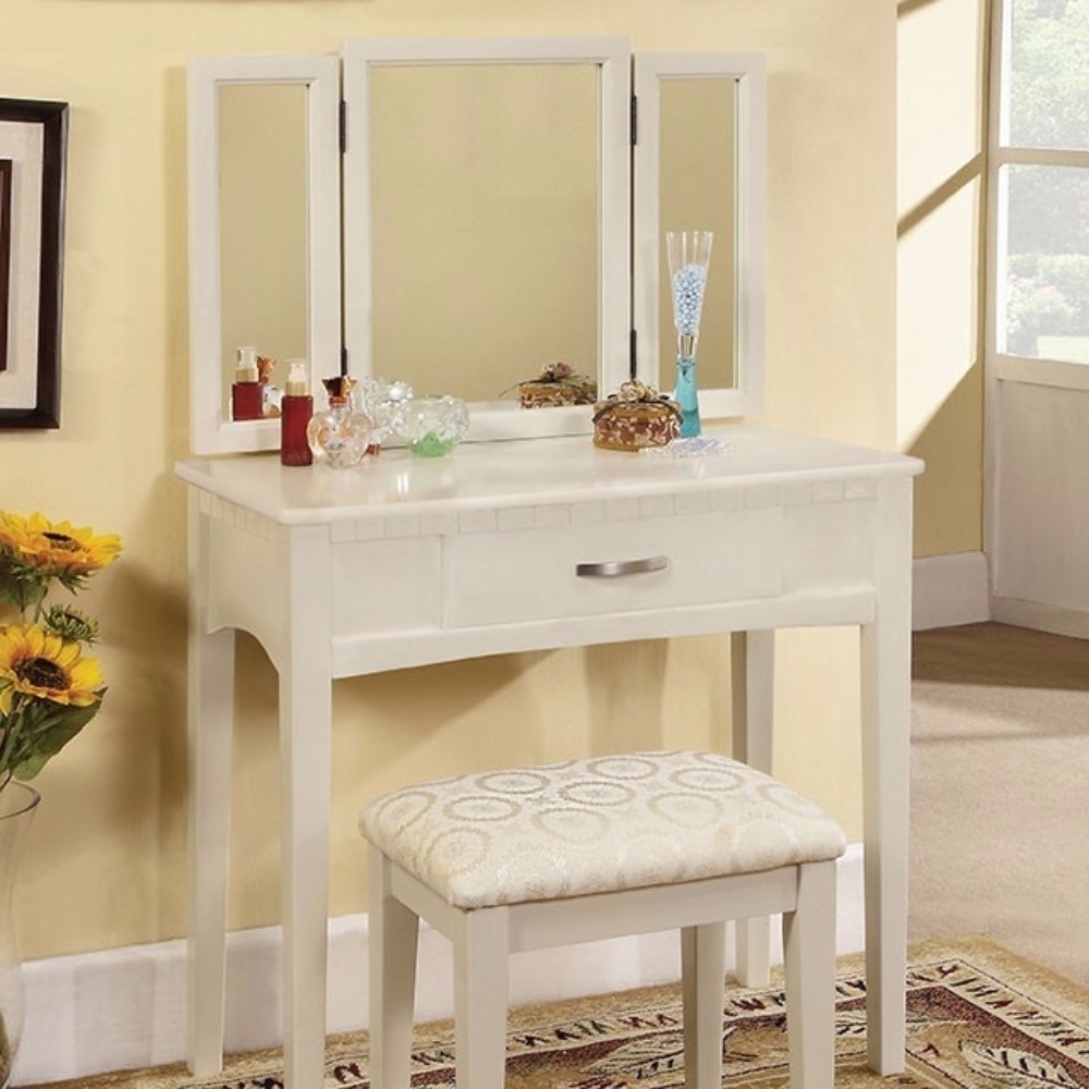 Pearl White Transitional Vanity Table With A Stool, White Finish- Saltoro Sherpi