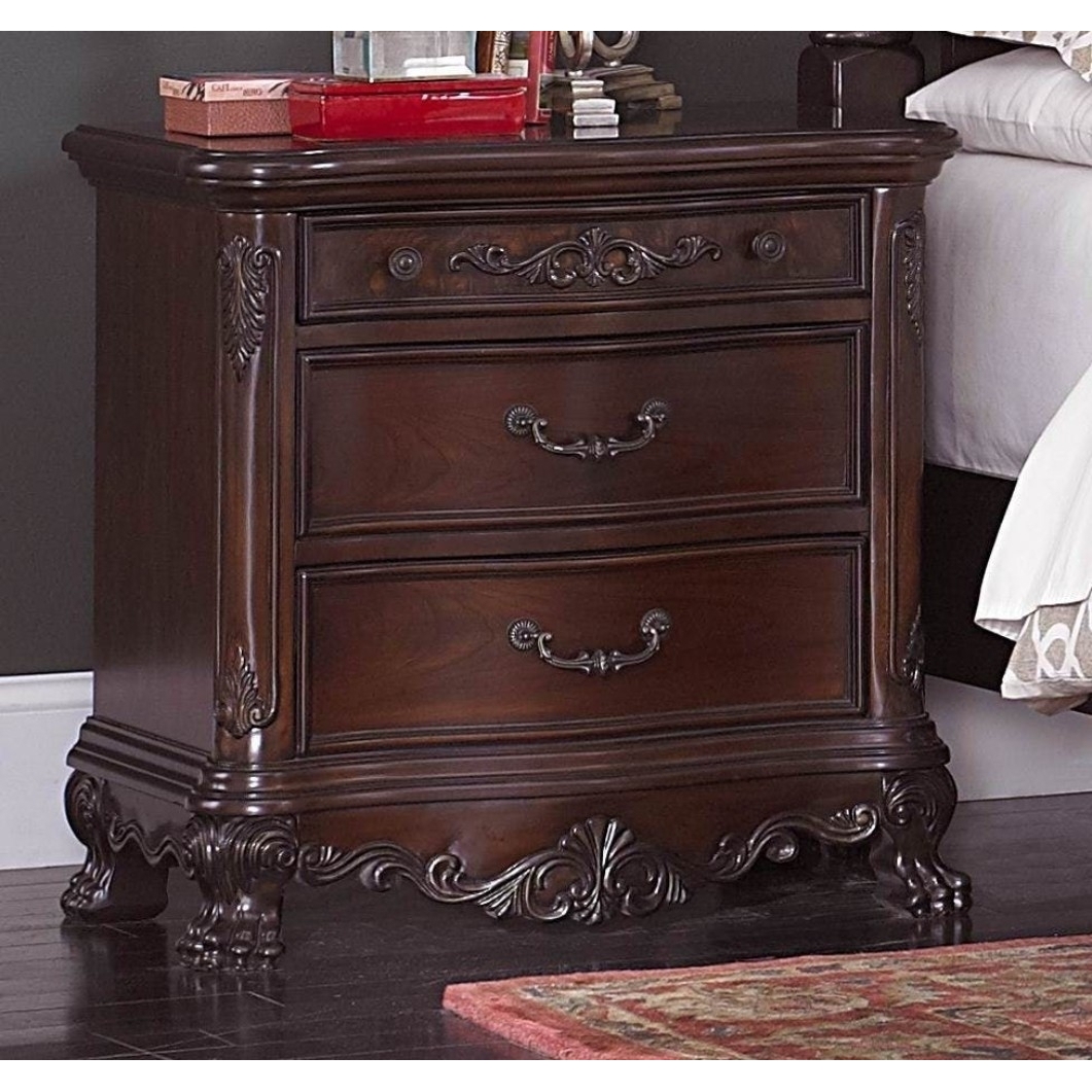 Wooden Night Stand With Intricate Carvings Cherry Brown- Saltoro Sherpi