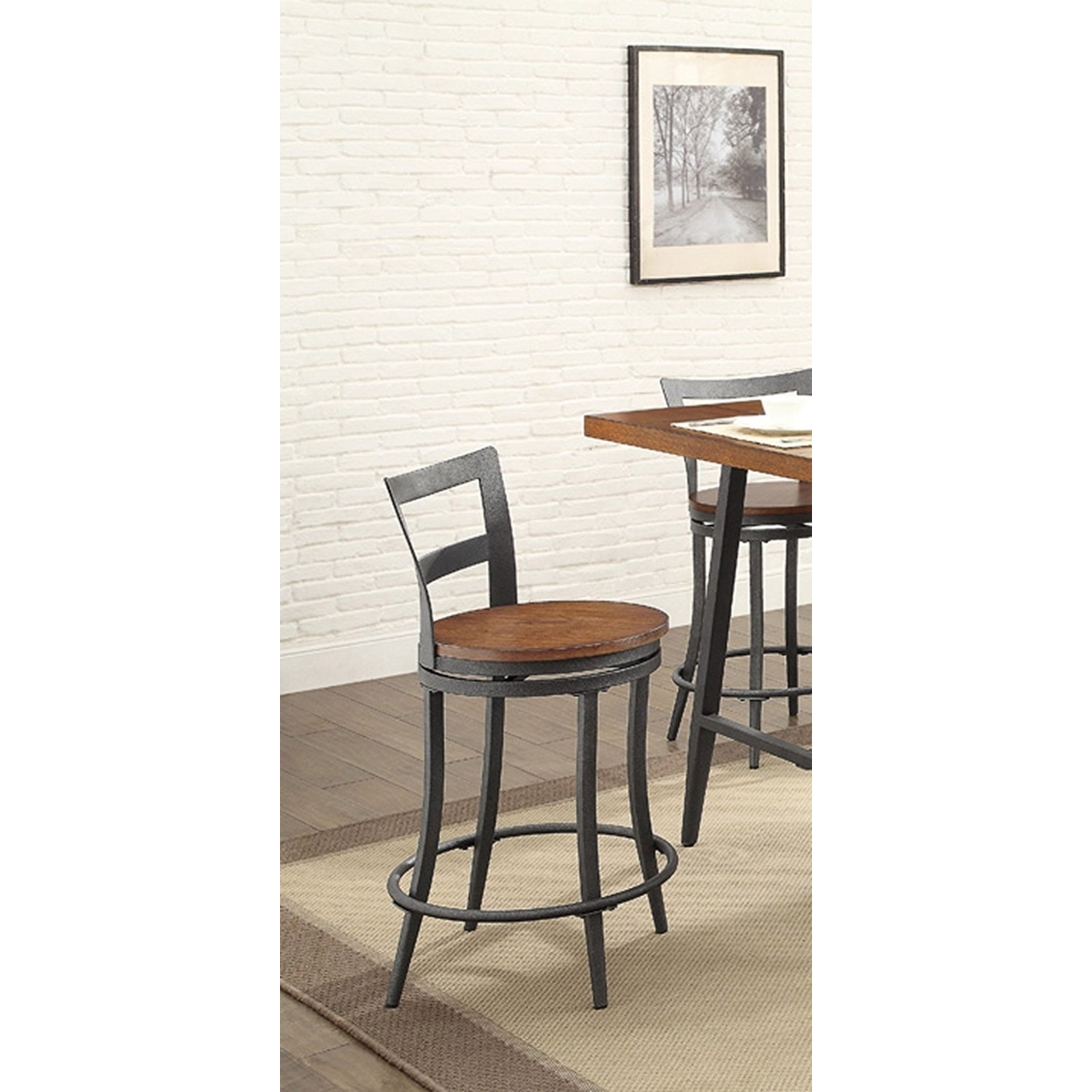 Wood & Metal Counter Height Swivel Chair, Gray & Brown, Set Of 2- Saltoro Sherpi