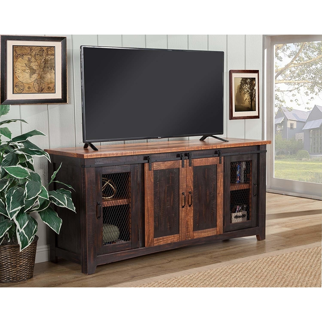 Dual Tone Wood And Metal TV Stand With 2 Mesh Style Doors, Antique Black And Brown- Saltoro Sherpi