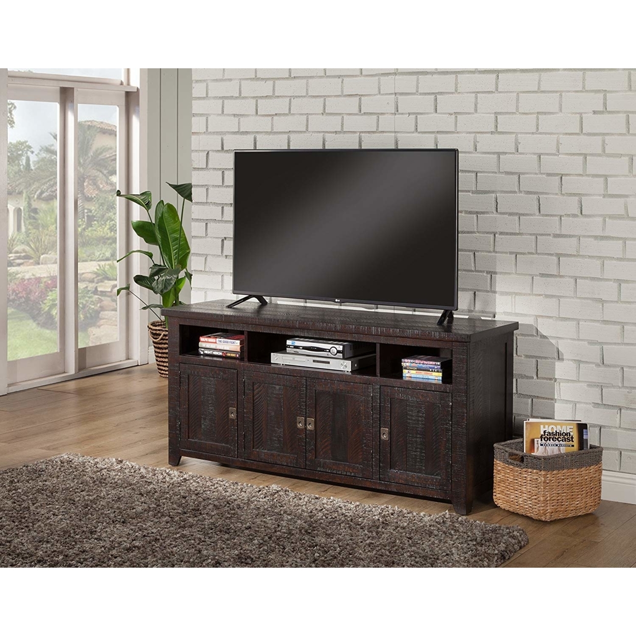 Wooden TV Stand With 3 Shelves And Cabinets, Espresso Brown- Saltoro Sherpi